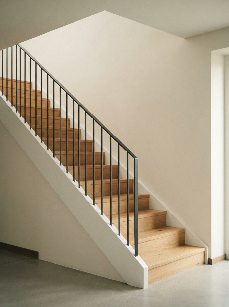 Treppe mit Eichenstufen und schlankem Flachstahlgeländer